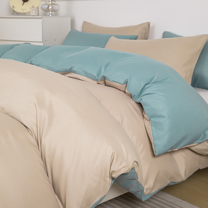 91家纺网 家纺一手货源 找家纺 莎臣豹 2025新款水洗棉磨毛纯色双拼简约风撞色单品被套 卡其爱上豆绿