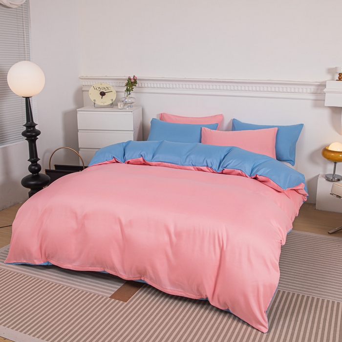 91家纺网 家纺一手货源 找家纺 莎臣豹 2025新款水洗棉磨毛纯色双拼简约风撞色单品被套 公主粉爱上天空蓝