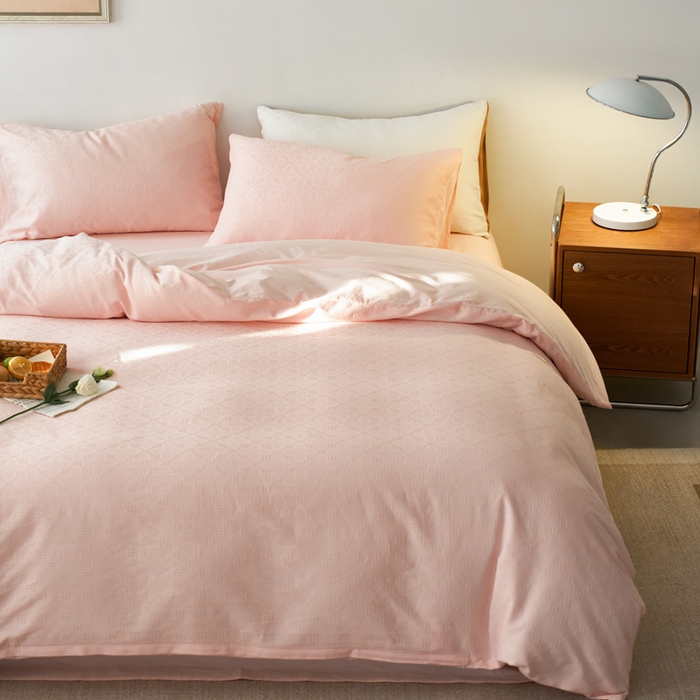 91家纺网 家纺一手货源 找家纺 AB家纺 2024新款全棉华夫格四件套 四叶草-粉玉