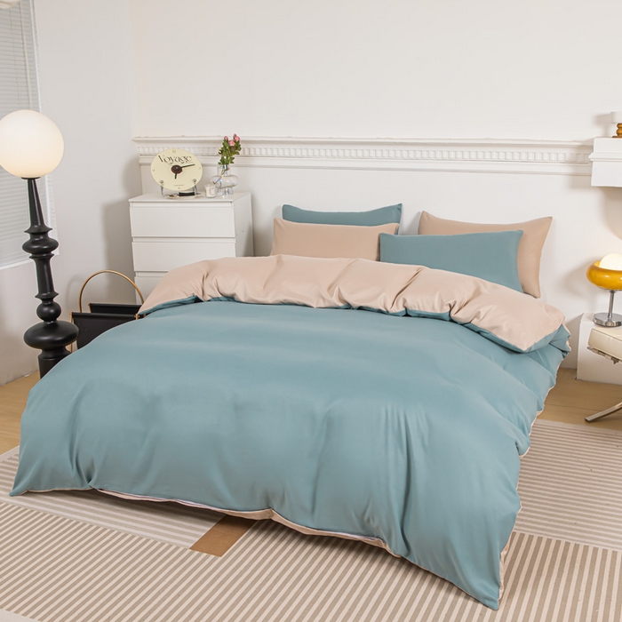 91家纺网 家纺一手货源 找家纺 莎臣豹 2025新款水洗棉磨毛纯色双拼简约风撞色单品被套 豆绿爱上卡其