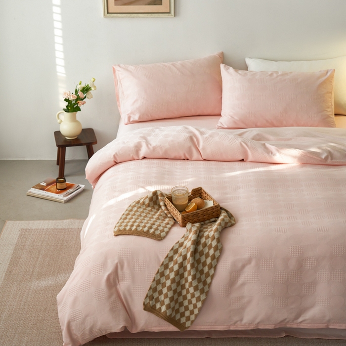 91家纺网 家纺一手货源 找家纺 AB家纺 2024新款全棉华夫格四件套 茗萫-粉玉