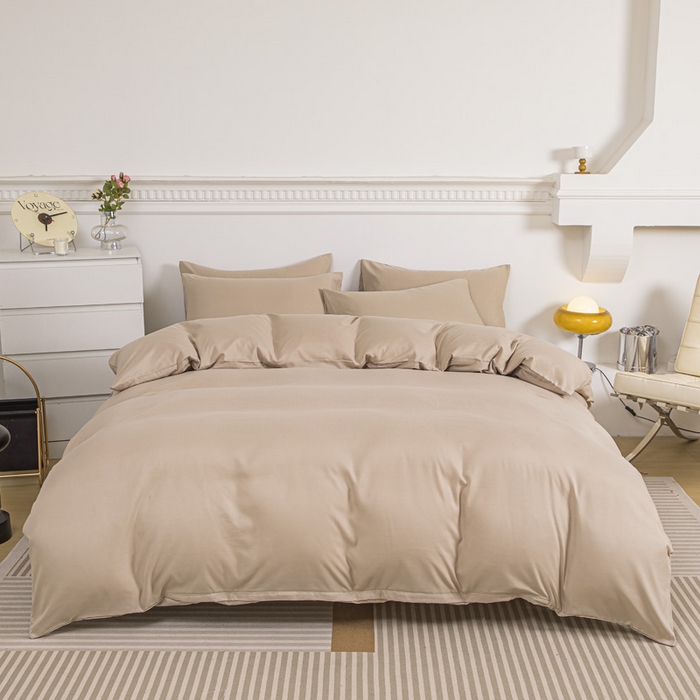 91家纺网 家纺一手货源 找家纺 莎臣豹 2025新款水洗棉磨毛纯色双拼简约风撞色单品被套 卡其