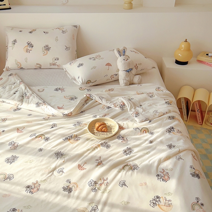 91家纺网 家纺一手货源 找家纺 木堇家居 2024新款10%大豆纤维针织棉夏被 彩虹小兔