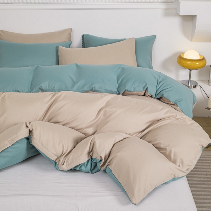 91家纺网 家纺一手货源 找家纺 莎臣豹 2025新款水洗棉磨毛纯色双拼简约风撞色单品被套 卡其爱上豆绿