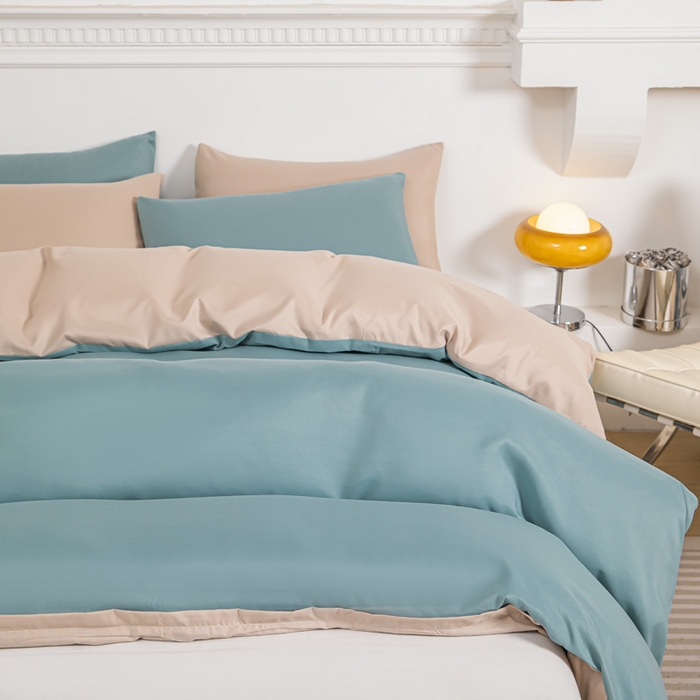 91家纺网 家纺一手货源 找家纺 莎臣豹 2025新款水洗棉磨毛纯色双拼简约风撞色单品被套 豆绿爱上卡其