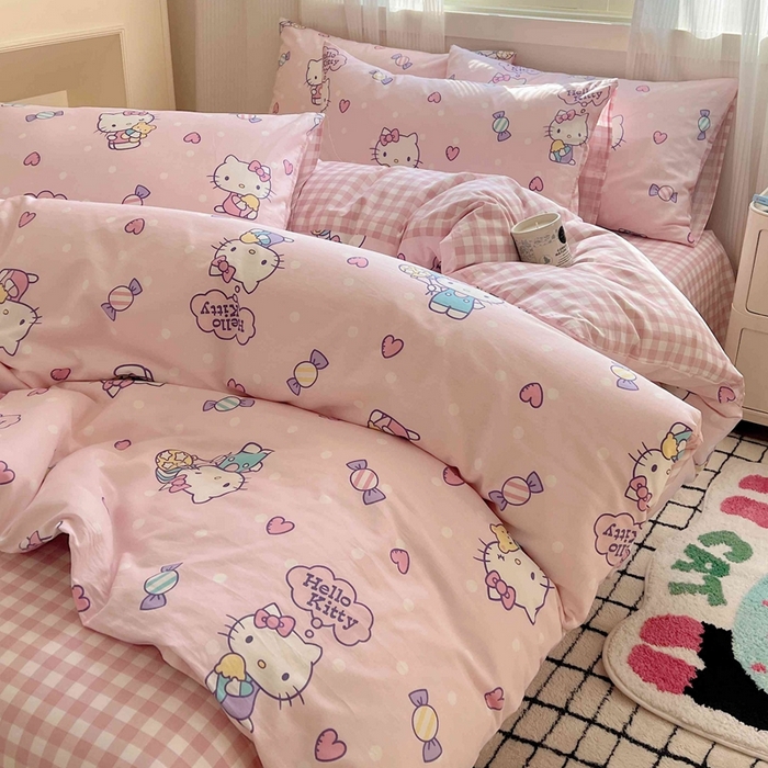 91家纺网 家纺一手货源 找家纺 星座家纺 2025新款40s全棉卡通印花四件套 甜心kt 粉