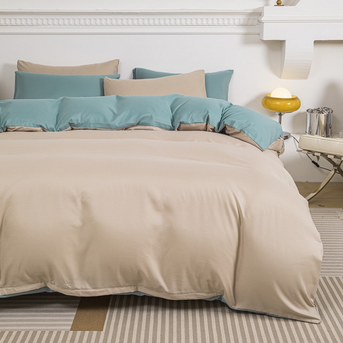 91家纺网 家纺一手货源 找家纺 莎臣豹 2025新款水洗棉磨毛纯色双拼简约风撞色单品被套 卡其爱上豆绿