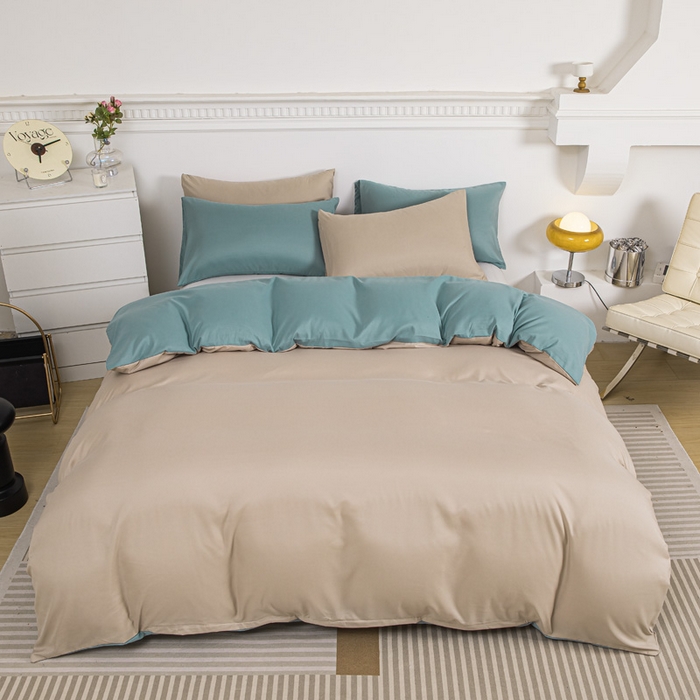 91家纺网 家纺一手货源 找家纺 莎臣豹 2025新款水洗棉磨毛纯色双拼简约风撞色单品被套 卡其爱上豆绿