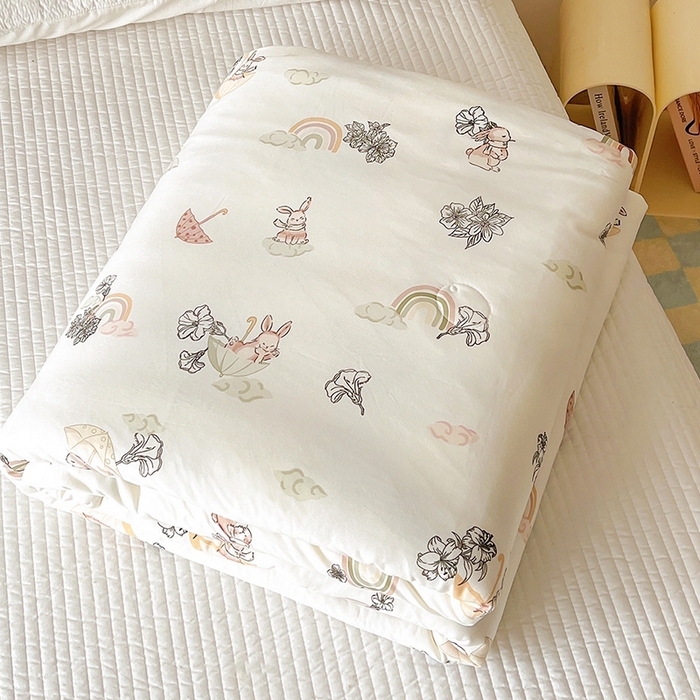 91家纺网 家纺一手货源 找家纺 木堇家居 2024新款10%大豆纤维针织棉夏被 彩虹小兔