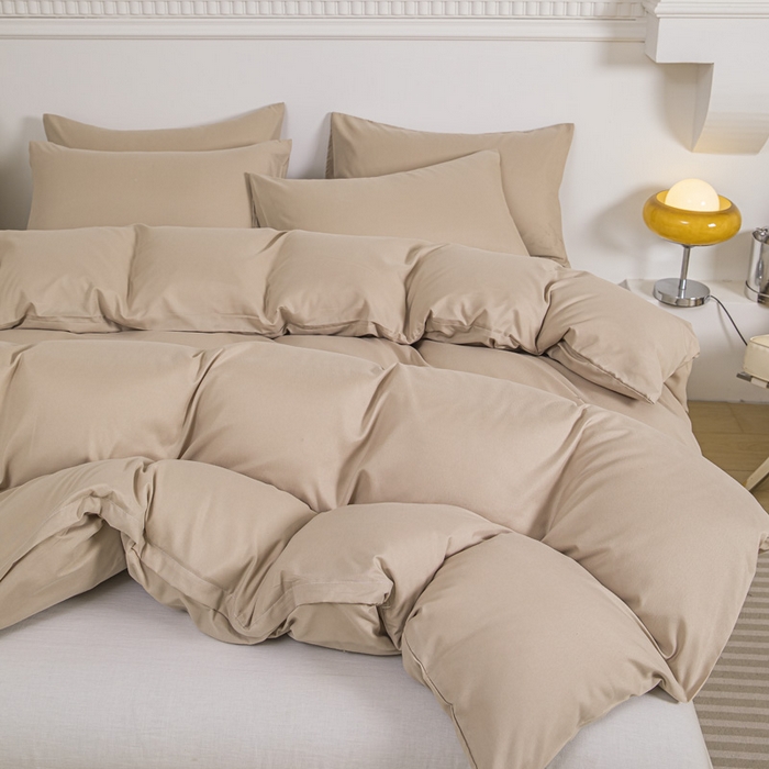 91家纺网 家纺一手货源 找家纺 莎臣豹 2025新款水洗棉磨毛纯色双拼简约风撞色单品被套 卡其