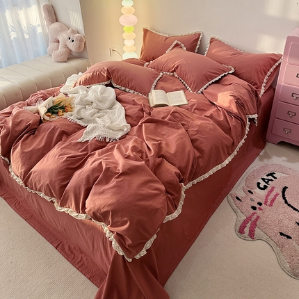 91家纺网 家纺一手货源 找家纺 千朵 2024新款全棉水洗棉四件套 胭脂红