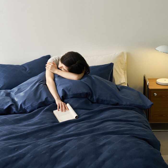 91家纺网 家纺一手货源 找家纺 AB家纺 2024新款全棉华夫格四件套 菱形格-蔚蓝