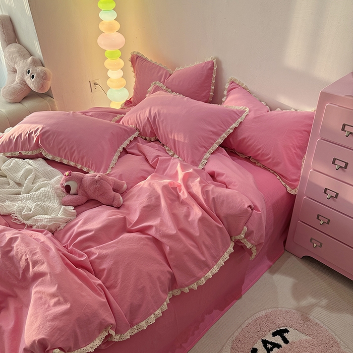 91家纺网 家纺一手货源 找家纺 千朵 2024新款全棉水洗棉四件套 冰激凌粉