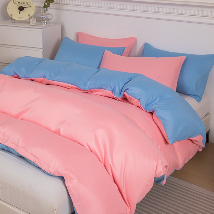 91家纺网 家纺一手货源 找家纺 莎臣豹 2025新款水洗棉磨毛纯色双拼简约风撞色单品被套 公主粉爱上天空蓝