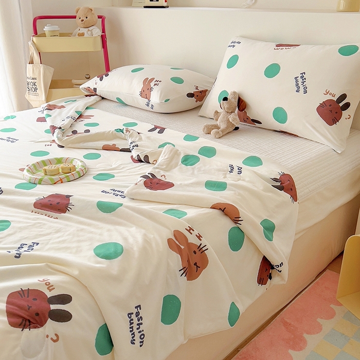 91家纺网 家纺一手货源 找家纺 木堇家居 2024新款10%大豆纤维针织棉夏被 波点兔