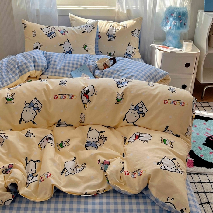 91家纺网 家纺一手货源 找家纺 星座家纺 2025新款40s全棉卡通印花四件套 格子帕恰狗