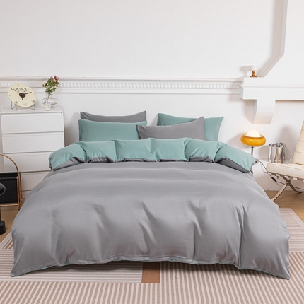 莎臣豹 2025新款水洗棉磨毛纯色双拼简约风撞色单品被套 浅灰爱上豆绿