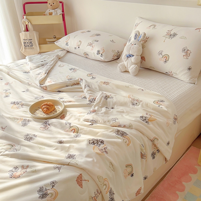 91家纺网 家纺一手货源 找家纺 木堇家居 2024新款10%大豆纤维针织棉夏被 彩虹小兔