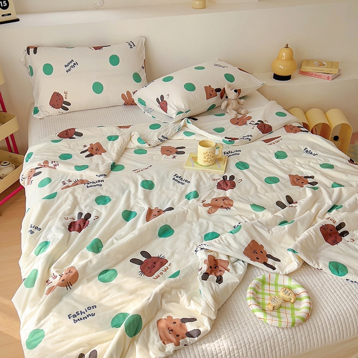 91家纺网 家纺一手货源 找家纺 木堇家居 2024新款10%大豆纤维针织棉夏被 波点兔