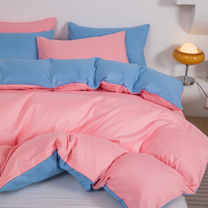 91家纺网 家纺一手货源 找家纺 莎臣豹 2025新款水洗棉磨毛纯色双拼简约风撞色单品被套 公主粉爱上天空蓝