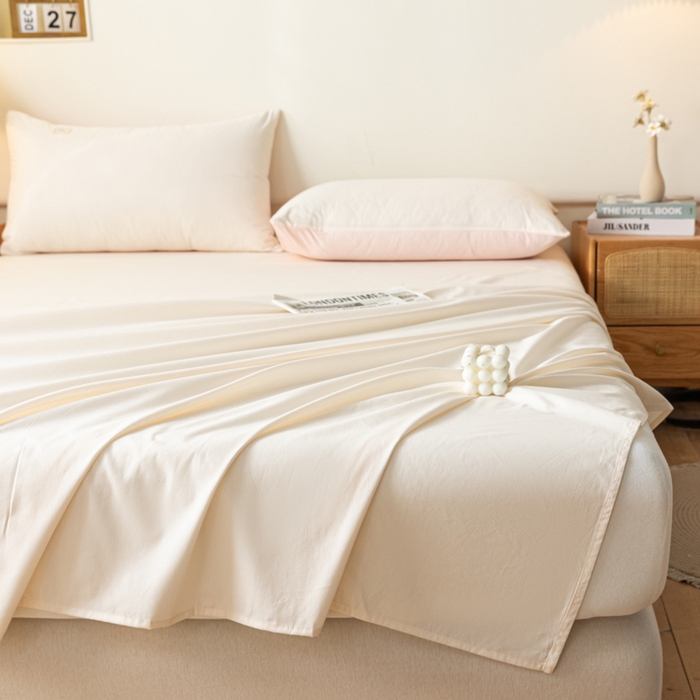 91家纺网 家纺一手货源 找家纺 AB家纺 2024新款A类40支水洗全棉床单三件套 淡奶油