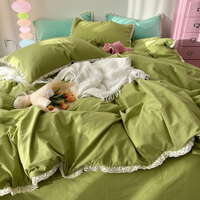 91家纺网 家纺一手货源 找家纺 千朵 2024新款全棉水洗棉四件套 奶昔绿