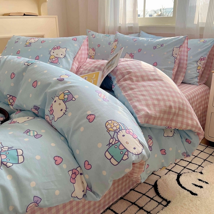 91家纺网 家纺一手货源 找家纺 星座家纺 2025新款40s全棉卡通印花四件套 甜心kt蓝