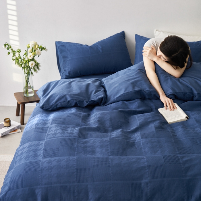 91家纺网 家纺一手货源 找家纺 AB家纺 2024新款全棉华夫格四件套 千鸟格-蔚蓝