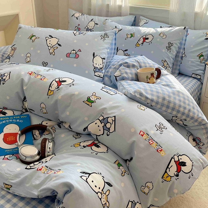 91家纺网 家纺一手货源 找家纺 星座家纺 2025新款40s全棉卡通印花四件套 蓝色帕恰狗