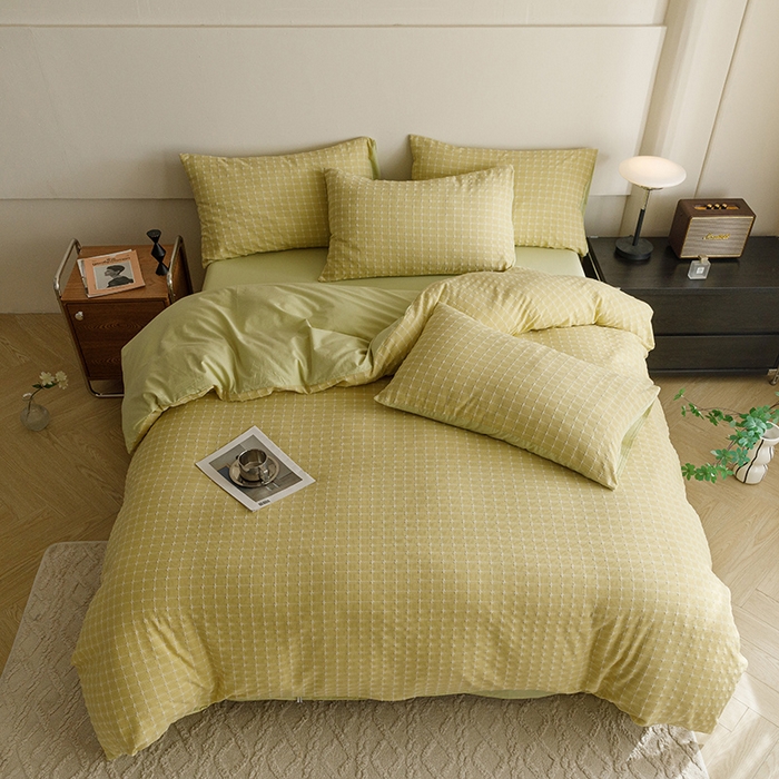 91家纺网 家纺一手货源 找家纺 蜜柚 2024新款全棉色织水洗提花四件套 月光绿