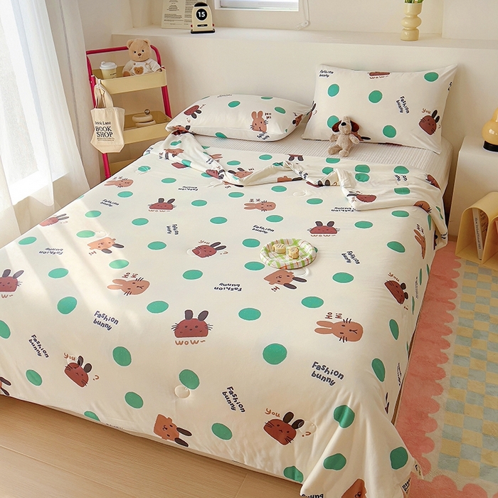 91家纺网 家纺一手货源 找家纺 木堇家居 2024新款10%大豆纤维针织棉夏被 波点兔