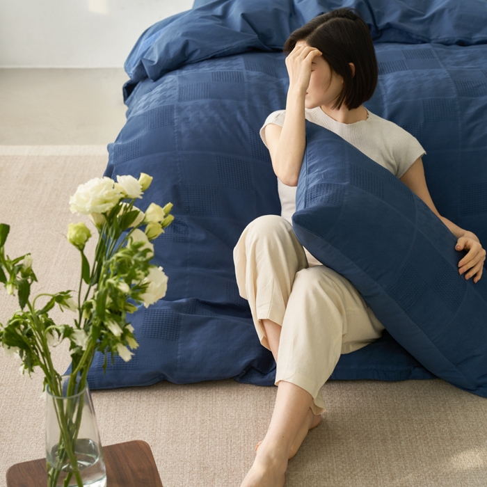 91家纺网 家纺一手货源 找家纺 AB家纺 2024新款全棉华夫格四件套 千鸟格-蔚蓝