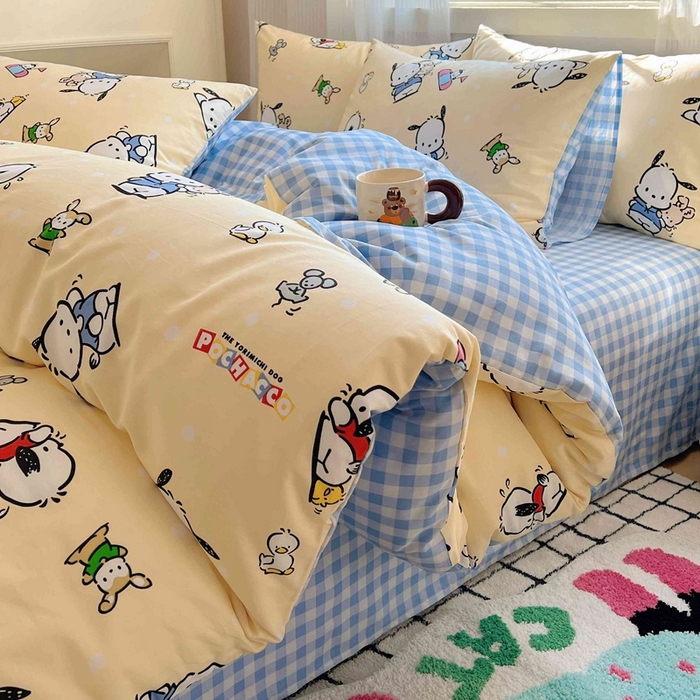 91家纺网 家纺一手货源 找家纺 星座家纺 2025新款40s全棉卡通印花四件套 格子帕恰狗