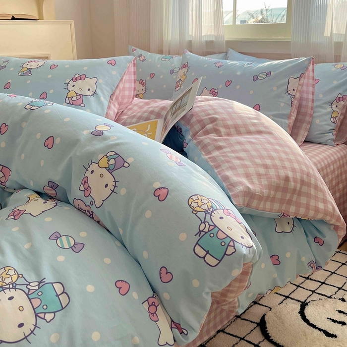 91家纺网 家纺一手货源 找家纺 星座家纺 2025新款40s全棉卡通印花四件套 甜心kt蓝