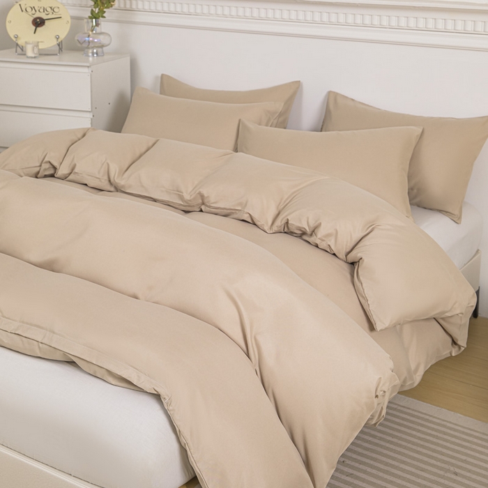 91家纺网 家纺一手货源 找家纺 莎臣豹 2025新款水洗棉磨毛纯色双拼简约风撞色单品被套 卡其