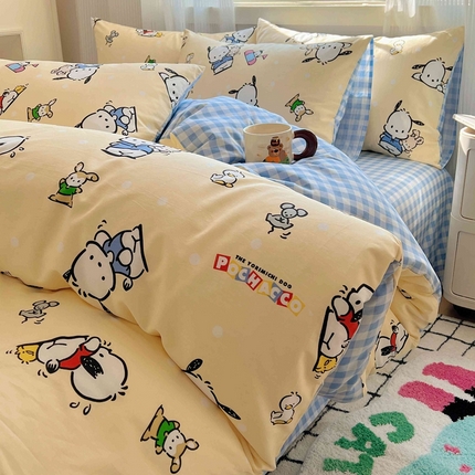 91家纺网 家纺一手货源 找家纺 星座家纺 2025新款40s全棉卡通印花四件套 格子帕恰狗