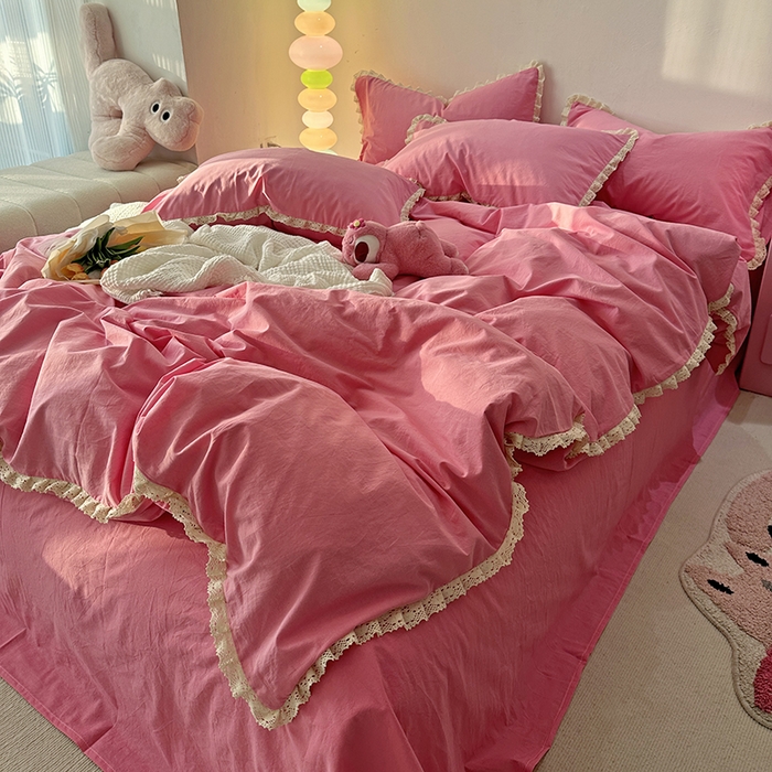 91家纺网 家纺一手货源 找家纺 千朵 2024新款全棉水洗棉四件套 冰激凌粉