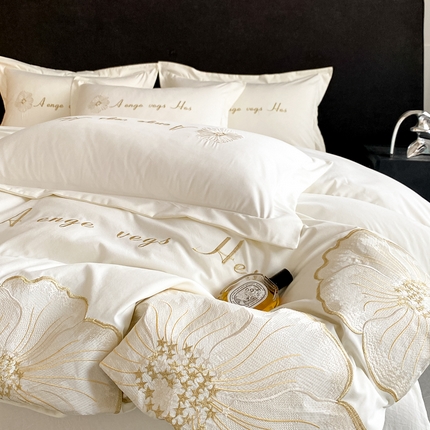 你好美丽 2025新款水洗棉花韵刺绣四件套 花韵白