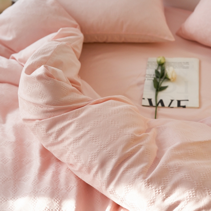 91家纺网 家纺一手货源 找家纺 AB家纺 2024新款全棉华夫格四件套 四叶草-粉玉