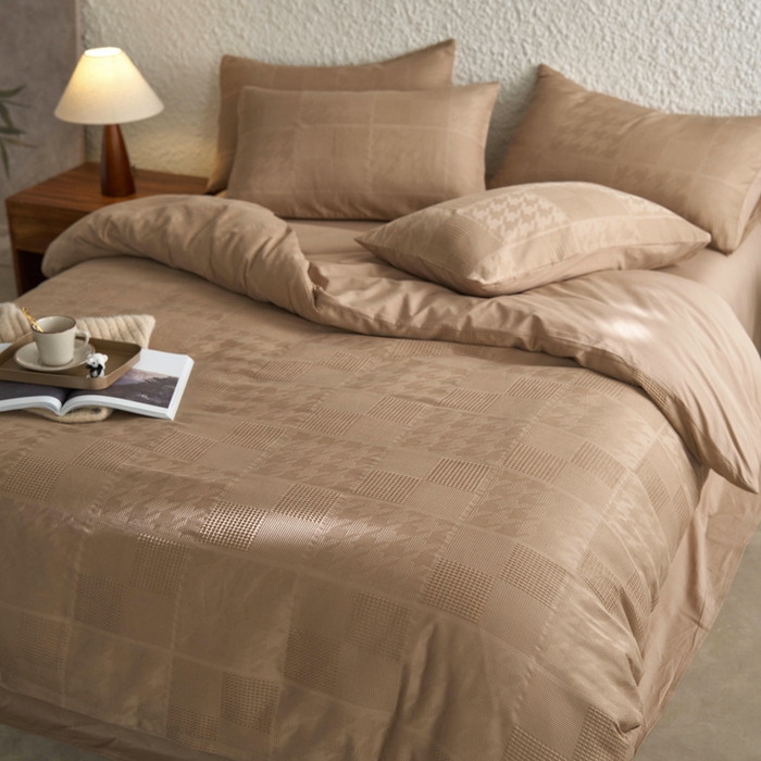 91家纺网 家纺一手货源 找家纺 AB家纺 2024新款全棉华夫格四件套 千鸟格-咖色