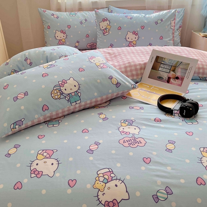 91家纺网 家纺一手货源 找家纺 星座家纺 2025新款40s全棉卡通印花四件套 甜心kt蓝