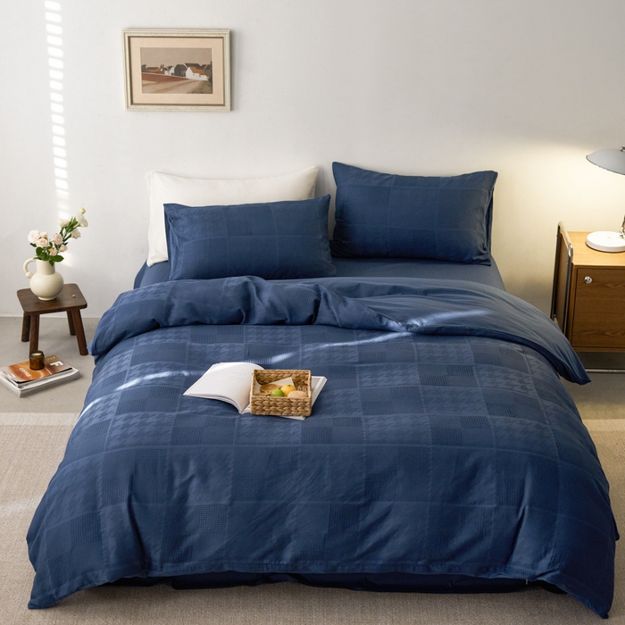 91家纺网 家纺一手货源 找家纺 AB家纺 2024新款全棉华夫格四件套 千鸟格-蔚蓝