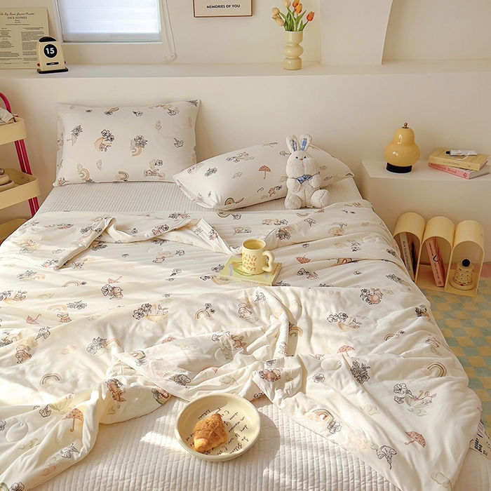 91家纺网 家纺一手货源 找家纺 木堇家居 2024新款10%大豆纤维针织棉夏被 彩虹小兔