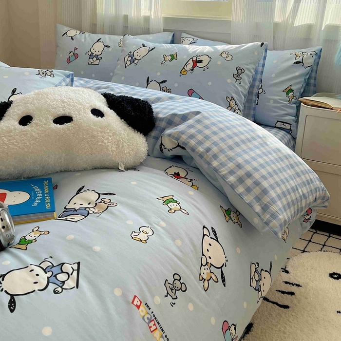 91家纺网 家纺一手货源 找家纺 星座家纺 2025新款40s全棉卡通印花四件套 蓝色帕恰狗