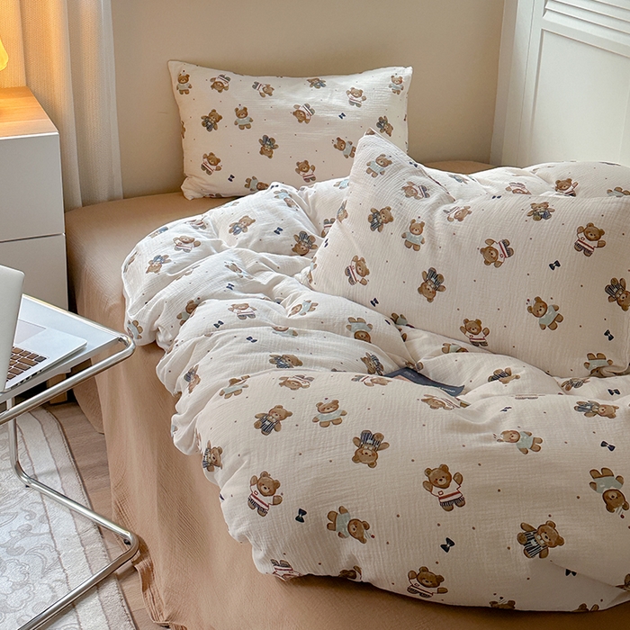 91家纺网 家纺一手货源 找家纺 萝莉家纺 2025新款全棉双层皱皱纱四件套 绅士熊