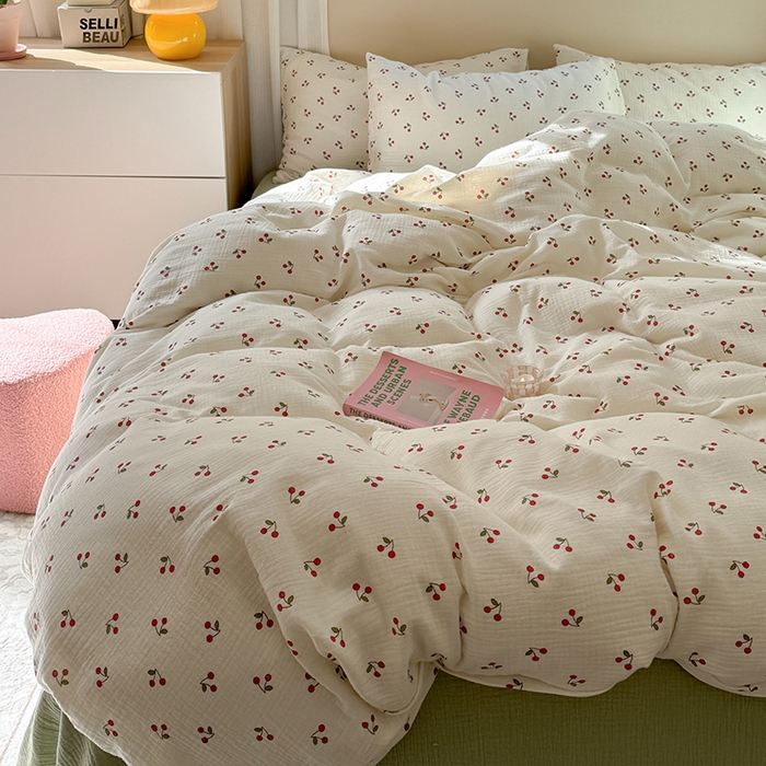 91家纺网 家纺一手货源 找家纺 萝莉家纺 2025新款全棉双层皱皱纱四件套 樱桃