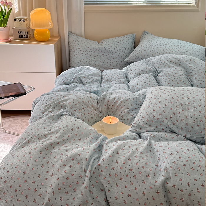 91家纺网 家纺一手货源 找家纺 萝莉家纺 2025新款全棉双层皱皱纱四件套 蓝栩