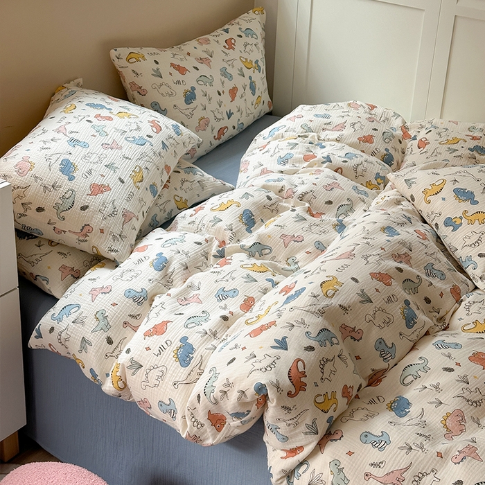 91家纺网 家纺一手货源 找家纺 萝莉家纺 2025新款全棉双层皱皱纱四件套 小恐龙