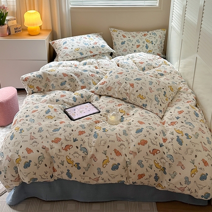 萝莉家纺 2025新款全棉双层皱皱纱四件套 小恐龙