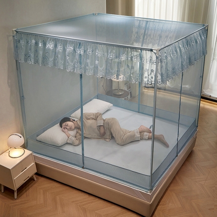 2024新款蕾丝T形三开门坐床式蚊帐 海岛蓝-床笠款-自连接烤漆支架